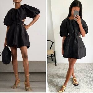 Aje Psychedelia Puff Sleeve Cut Out Mini Dress Tie Back Black Size Medium/8